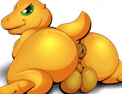 1boy absurd_res agumon anthro anus ass balls bandai_namco big_butt digimon digimon_(species) genitals green_eyes hi_res looking_at_viewer looking_back male male_only puffy_anus solo solo_male tail tepigfan101