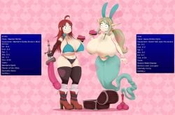 2023 big_breasts bimbofication breasts brown_hair burger clothing collar dildo_sword duo english_text fake_ears fake_rabbit_ears female food footwear gameplay_mechanics genie hair hi_res high_heels holding_burger holding_food holding_object human humanoid humanoid_pointy_ears intelligence_loss mammal mentalcrash not_furry permanent_transformation ponytail shocked simple_background standing text