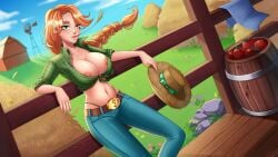 1girls braided_ponytail breasts breasts_out cowgirl female female_only freckles green_eyes green_shirt horny_villa jeans long_hair long_sleeves navel nipples nutaku pants ponytail sally_(horny_villa) solo straw_hat tied_shirt very_long_hair