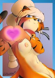 absurd_res accessory anthro ass bell bell_collar blonde_hair blue_eyes breasts butt_grab catsockjus collar ears_back female fur genitals hair hair_accessory hair_tie hand_on_butt heart hi_res lily(catsockjus) multicolored_body multicolored_fur navel nipples pivoted_ears pussy rear_view simple_background smile smiling_at_viewer solo striped_body striped_fur stripes tail