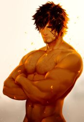 abs bara beard big_muscles big_pecs brown_hair chest_hair clive_rosfield daddy dilf face_tattoo final_fantasy final_fantasy_xvi hair happy_trail human male male_only muscular muscular_human muscular_male navel nipples nude pecs pockyrumz solo stubble