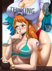 2girls absurdres bikini echosaber english_text fat_breasts female female_only flat_belly height_difference huge_breasts large_breasts light-skinned_female long_hair nami one_piece orange_hair post-timeskip post_timeskip striped_bikini swimsuit tagme taller_girl text thick_thighs thinking white_hair yamato_(one_piece)