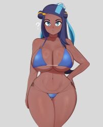 1girls alternate_breast_size ass big_ass big_breasts bikini black_hair blue_bikini blue_eyes breasts dark-skinned_female dark_skin emotionless emotionless_female female female_only g3mma gym_leader hand_on_hip hips huge_ass huge_breasts indifference indifferent large_breasts long_hair looking_at_viewer nessa_(pokemon) nintendo parody pokemon pokemon_ss solo swimsuit text thick_thighs thighs unamused unenthusiastic wide_hips