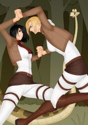 angry annie_leonhardt attack_on_titan black_eyes blonde_hair blue_eyes catfight clothed crossover disney eastern_and_western_character holding_hands hoodie jungle kaa mikasa_ackerman multiple_girls no_sex oo_sebastian_oo outdoors scarf short_hair snake solo the_jungle_book violence