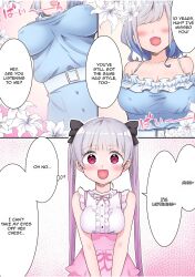 2girls big_breasts blue_eyes cleavage cute doujin doujinshi female_only frills lin_(artist) manga medium_breasts multiple_girls original pink_eyes short_hair silver_hair sisters staring_at_breasts twins twintails