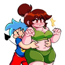 1boy 1girls animation_sensation belly_button belly_grab blue_hair blush boyfriend_(friday_night_funkin) brown_hair chubby chubby_belly chubby_female cleavage demon_girl demon_tail duo duo_focus fat friday_night_funkin girlfriend_(friday_night_funkin) hair_bun navel red_eyes shirt shorter_male shorts taller_female thick_thighs vest wide_hips