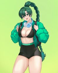 1girls alternate_costume alternate_hairstyle backpack bag bare_thighs bra braid braided_ponytail female female female_only fire_emblem fire_emblem:_the_blazing_blade green_background green_eyes green_hair green_jacket headphones headphones_around_neck jacket long_hair looking_at_viewer lyn_(fire_emblem) meziosaur midriff nail_polish nintendo smile solo teeth thick_thighs thighs underwear upper_teeth_only