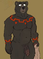 anthro bear brown_body brown_fur clothing draconicmoon flaccid fur genitals half-length_portrait hi_res holding_clothing holding_object male mammal nude original original_character penis portrait simple_background solo tattoo vormir_(draconicmoon) worried