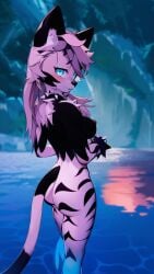 anthro ass cat_ears cat_tail catgirl cave cavern cute cute_expression cute_eyes feline female female_only kazllab_vrc nipples nude nude_female skinny_dipping striped_body striped_fur stripes tuft tuft_chest tufted_ears water