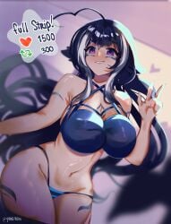 1girls belly_button big_breasts bikini bikini_bottom bikini_top black_hair blush breasts clothed clothing eyebrows_visible_through_hair face_markings female female_only indie_virtual_youtuber indoors light-skinned_female light_skin like_icon looking_at_viewer markings orca_girl orca_tail painting purple_eyes retweet_icon shylily solo strip_game tail two_tone_hair v virtual_youtuber white_hair yuno_rein