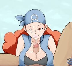 cum ejaculation ejaculation_between_breasts game_freak nintendo one_eye_closed paizuri paizuri_under_clothes pokemon pokemon_rse shelly_(pokemon) shelly_(pokemon_rse) smile team_aqua_grunt