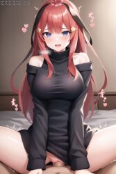 1boy 1girls ai_generated black_sweater blue_eyes blush cowgirl_position female go-toubun_no_hanayome heart light-skinned_male light_skin male nakano_itsuki off_shoulder_sweater pov pussy red_hair sleeves_past_wrists tagme uncensored vaginal_penetration vertiloart