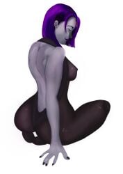 1girls ass betamel_drawing dat_ass dc dc_comics female female_only grey_skin lingerie nipple no_bra nude nude_female purple_hair rachel_roth raven_(dc) see-through see-through_clothing sideboob solo teen_titans tights