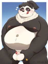 2023 96panda anthro balls bear belly big_belly black_body blush character_request genitals giant_panda heart hi_res humanoid_genitalia humanoid_hands humanoid_penis kemono male male_only mammal moobs nipples original original_character overweight overweight_male penis small_penis solo tongue tongue_out white_body