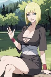 ai_generated big_breasts blunt_bangs bob_cut bonnieaiart breasts busty crossed_legs forest huge_breasts kunoichi large_breasts log long_hair looking_at_viewer mature mature_female mature_woman nai_diffusion naruto naruto_(series) naruto_shippuden nature ninja no_bra oppai outdoors sagging_breasts samui sitting smile stable_diffusion voluptuous waving waving_at_viewer waving_hand wood