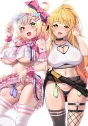 2girls ahoge ass ayagi_daifuku bare_shoulders blonde_hair blush breasts choker cleavage cleavage_cutout clothes_lift condom condom_belt hat highres hololive hololive_gen_1 hololive_gen_5 hololive_japan large_breasts lifted_by_self looking_at_viewer momosuzu_nene multiple_condoms multiple_girls navel oerba_yun_fang panties skirt skirt_lift smile underboob underwear used_condom vampire vampire_girl virtual_youtuber visor yellow_eyes yozora_mel