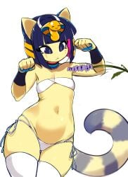 1girls animal_crossing ankha ankha_(animal_crossing) anthro belly_button blue_hair bra cat_ears catnip felid feline female flat_chest flower furry hair headdress headgear headwear hips midriff navel neckwear nintendo panties purple_eyes small_breasts solo tail thick_thighs thighhighs thighs tsampikos white_background wide_hips yellow_fur