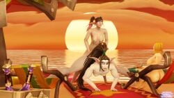 3d 3d_(artwork) ass beach black_hair blender blender_(software) blender_cycles blonde_hair commission elea_moonblade elf_ears elf_female females from_behind from_behind_position futa_on_female futanari hair_pulling half_elf jack-o_pose lord_maldazzar night_elf summer sunset warcraft world_of_warcraft wow ych zirenia