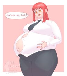 1girls alisa_gromova belly big_belly bursting_clothes button_down_shirt chainsaw_man chubby clothed fat female full_belly makima_(chainsaw_man) obese_female overweight red_hair tagme