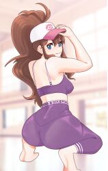 1girls alternate_version_available ass barefoot blue_eyes breasts brown_hair clothed clothed_female female female_only full_body hat hilda_(pokemon) long_hair looking_at_viewer looking_back pokemon qirlpuke sideboob smile solo solo_female squatting tiptoes