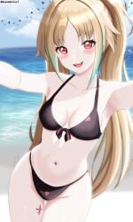 bikini black_bikini blonde_hair endou_lily long_hair red_eyes sedai_one smile smiling_at_viewer virtual_youtuber