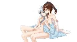 2girls blue_eyes brown_eyes brown_hair brunette fengling_yuxiu finger_in_mouth hair_ribbon multiple_girls nipples open_mouth soulmate_adventures white_background white_hair yuri