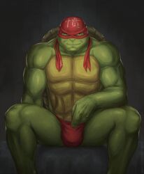 1boy anthro bulge bulge_through_clothing covered_penis dominant green_skin humanoid looking_at_viewer male male_focus mask msobscure muscles muscular muscular_anthro muscular_male mutant pointing_at_penis raphael_(tmnt) reptile scalie solo teasing teenage_mutant_ninja_turtles teenage_mutant_ninja_turtles_(2014) tmnt turtle yaoi