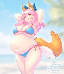 1girls alisa_gromova bbw belly belly_button big_belly bikini breasts clothed fat fate/grand_order fate_(series) female fox fox_ears fox_tail overweight pink_hair swimsuit tamamo_no_mae_(fate) tamamo_no_mae_(swimsuit_lancer) yellow_eyes