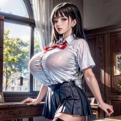1girls ai_generated bangs black_hair black_thighhighs blue_eyes blue_skirt bow bowtie bra_visible_through_clothes breasts bursting_breasts button_gap collared_shirt cowboy_shot curtains curvaceous curvy_body curvy_female day dress_shirt earrings female female_focus female_only highres huge_breasts indoors jewelry large_breasts lips long_hair looking_at_viewer miniskirt parted_lips plant pleated_skirt red_bow red_bowtie ribbon school_uniform schoolgirl see-through shirt shirt_tucked_in short_sleeves skindentation skirt solo stable_diffusion standing table taut_clothes thighhighs tree voluptuous voluptuous_female white_shirt window zettai_ryouiki