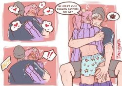 2boys ass bacchyarts blush downpants english_text femboy freckles gay groping hat heart height_difference jojo's_bizarre_adventure long_hair male male_focus male_only male_underwear multiple_boys pink_hair ponytail purple_sweater risotto_nero shirt shorts size_difference speech_bubble spoken_heart sweatdrop sweater underwear vento_aureo vinegar_doppio yaoi