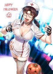 azasuke black_lagoon boobs fishnet_stockings glasses halloween halloween_costume middle_finger nipples_visible_through_clothing nurse nurse_cap nurse_uniform pumpkin revy safe_for_work