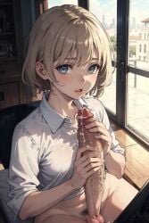 1futa ai_generated blonde_hair blue_eyes cum_dripping_from_penis enjuuji freckles freckles_on_face futanari holding_penis lauran_hesselberg pale-skinned_futanari sole_futa testicles white_shirt