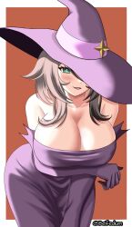 1girls arm_under_breasts belfedium big_breasts big_hat blush cleavage dress eternals_(idol_corp) female_only halloween halloween_costume hat highres huge_breasts idol_corp idol_es indie_virtual_youtuber latam_virtual_youtuber light-skinned_female light_skin light_skinned_female looking_at_viewer meica short_hair smiling_at_viewer virtual_youtuber vtuber vtuberfanart witch witch_hat