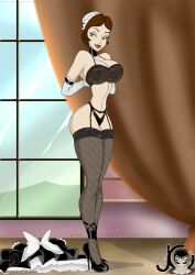 babette beauty_and_the_beast brown_hair disney fifi hourglass_figure jimix_cruz large_breasts lingerie maid maid_outfit partially_nude taking_clothes_off taking_off_bra