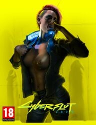 3d blender breasts cd_projekt_red clothing cunnilingus_gesture cyberpunk_2077 exposed_breasts highres jacket jacket_lift jacket_open jeans looking_at_viewer parody pose red_hair rekkakun standing sweat tongue_out v_(cyberpunk_2077) valerie_(cyberpunk_2077)