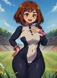 1girls ai_generated big_breasts bodysuit brown_eyes brown_hair cameltoe curvaceous curvy hi_res large_breasts mabi_ai my_hero_academia nipple_bulge ochako_uraraka ochako_uraraka_(hero_outfit) short_hair thick_thighs thigh_gap uraraka_ochako wide_hips