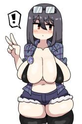 ! 1girls areola_slip areolae areolae_slip big_breasts big_eyes bikini_top black_hair black_legwear black_thighhighs blush blush_lines breasts_out checkered_shirt cleavage clothed_female dark_hair denim_shorts exclamation_point female front_view full_cleavage glasses glasses_on_head index_finger_raised light-skinned_female light_skin looking_aside looking_away navel nipple_slip no_nose notnoe_(dxcl) oc open_shirt original_character peace_sign plaid_shirt plain_background rolled_up_sleees shirt shorts simple_background skindentation sleeves_rolled_up sling_top soft_breasts soft_thighs stockings straight_hair thick_thighs thighhighs thighs unbuttoned_shirt upper_body white_background zettai_ryouiki