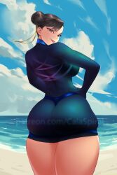 1girls ass beach brown_eyes brown_hair calad_g capcom chun-li dress highres huge_ass lipstick looking_back makeup ocean sky smile street_fighter thick_thighs thighs thong tongue_out translucent translucent_dress