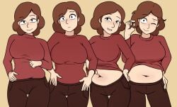 breasts deep_navel edo07 hilda_(series) johanna_(hilda) looking_at_viewer navel navel_depth pants short_hair smile smiling smiling_at_viewer sweater thighs voluptuous voluptuous_female