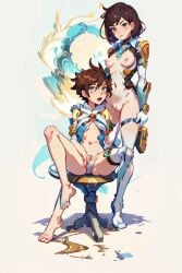 2d 2girls ai_generated brunette exposed_breasts female female_only live3d.io looking_at_viewer multiple_girls oc overwatch overwatch_2 perky_breasts pooplool sitting_on_table tracer white_background