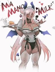 1futa breasts clothed clothing cum_in_glass cum_on_food dark-skinned_futanari dark_skin english_text flaccid fully_clothed futa_only futanari huge_breasts humanoid long_hair maid maid_uniform pink_hair solo standing text twintails yakno