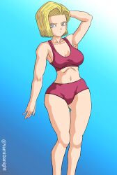 1girls akira_toriyama_(style) android android_18 android_girl armpits belly belly_button big_breasts black_background black_topwear blonde_female blonde_hair blue_eyes breasts clavicle clothed clothes cyborg date dated digital digital_drawing_(artwork) digital_media_(artwork) digital_painting_(artwork) dragon_ball dragon_ball_super dragon_ball_z female female_only full_hd hd human legs manga milf mound_of_venus no_safe_for_work serious shoulders shueisha solo swimsuit toei_animation weekly_shonen_jump yamidanight