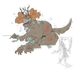 1boy 1girls anthro antlers anus ass bandage beast_(bloodborne) big_butt bloodborne blush bodily_fluids brown_body brown_fur bubble_butt canid canine canis claws digital_drawing_(artwork) digital_media_(artwork) drooling duo female fingers fluffy fluffy_tail fromsoftware fur genital_fluids genitals ghoul_school gun hair hanna-barbera hi_res horn huge_butt human hunter_(bloodborne) lying male mammal melee_weapon mhdrawin on_side orange_hair paws pussy pussy_juice ranged_weapon saliva scooby-doo_(series) sharp_teeth simple_background sony_corporation sony_interactive_entertainment sweat sword tail teeth thick_thighs vicar_amelia weapon were werecanid werecanine werewolf werewolf_girl white_background wide_hips winnie_werewolf wolf