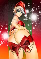 ass ass_focus big_ass blue_eyes christmas cleopatra_(majo_taisen) majo_taisen ribbon santa_hat short_hair tagme white_hair