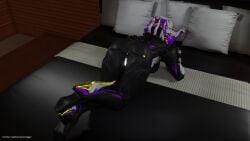 3d blender_(software) facelesstrigger female lying_on_bed presenting saryn_(warframe) saryn_prime_(warframe) solo warframe