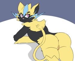 anthro digital_media_(artwork) drayx felid female fur generation_7_pokemon genitals hi_res legendary_pokemon looking_at_viewer mammal nintendo nude pink_eyes pokemon pokemon_(species) pussy simple_background solo yellow_body yellow_fur zeraora