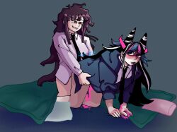 2girls ambiguous_penetration areu_blai blood_stain clothed_sex cosplay_sex danganronpa danganronpa_2:_goodbye_despair doggy_style female_only mioda_ibuki multiple_girls on_all_fours straight_hair tsumiki_mikan