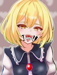 blush face_paint looking_at_viewer lunasa_prismriver open_mouth paper tagme tagme_(artist) text tongue_out touhou yellow_hair