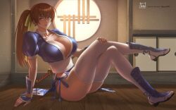 absurdres ass breasts brown_eyes brown_hair cleavage dead_or_alive female hair_ribbon highres huge_breasts kasumi_(doa) lips long_hair looking_at_viewer ninja no_bra no_panties no_underwear pelvic_curtain ponytail ribbon short_sleeves sitting solo sword tecmo thick_thighs thighhighs thighs tomo_eokaiteru weapon window wooden_floor