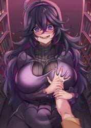 1boy 1boy1girl 1girls black_hair books breast_grab dress fingernails grabbing grabbing_breasts hair_between_eyes hairband hex_maniac hikari_(komitiookami) holding_another's_wrist long_fingernails long_hair long_sleeves open_mouth pokemon pov purple_eyes purple_hairband purple_nails smile